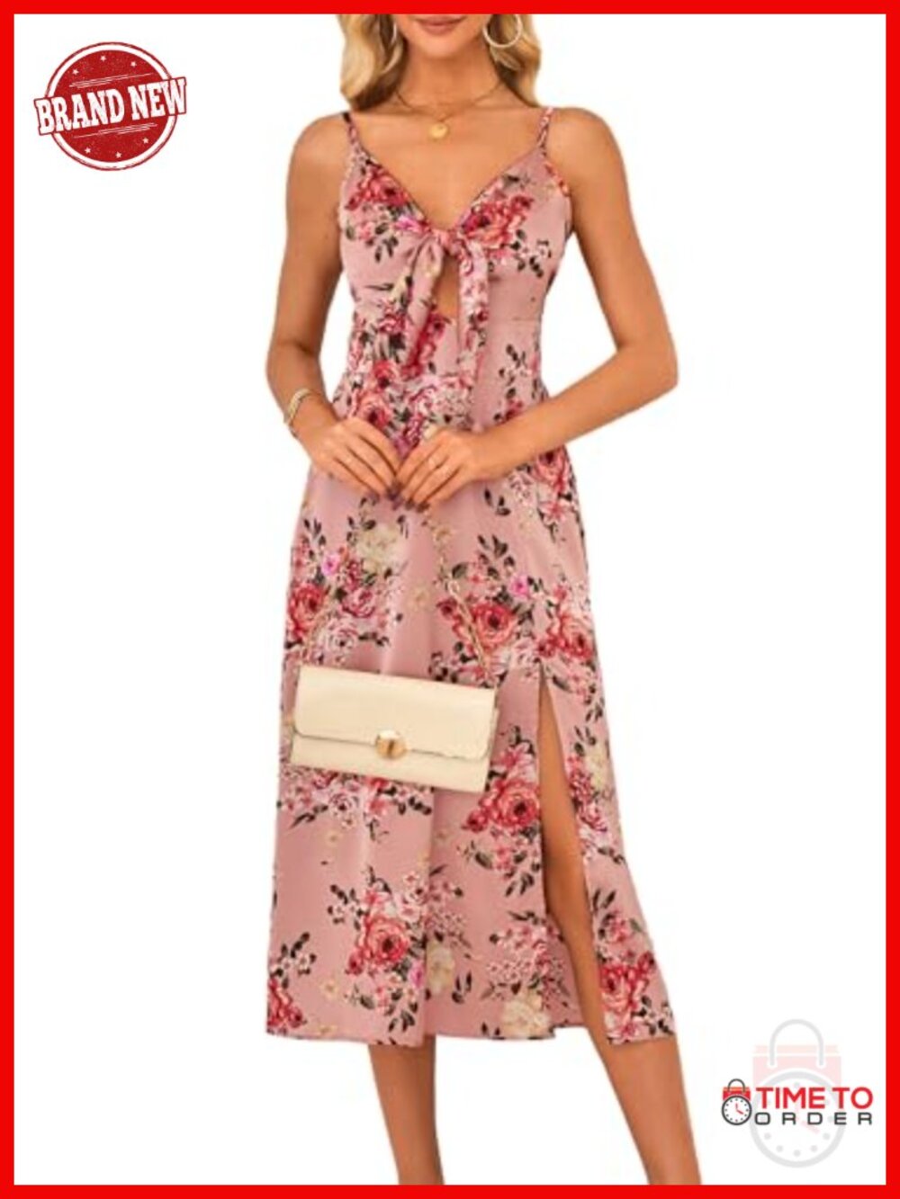 Satin Blend Midi Dress Spaghetti Strap Tie Front Cutout Slit A-Line Semi-Formal